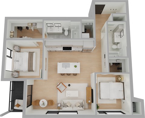 a floor plan of a two bedroom apartment with a bathroom and kitchen